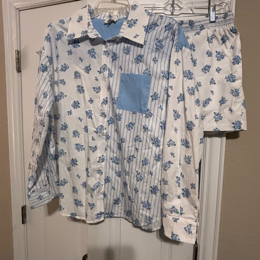 Peach Love California Blue Floral Button Down Shirt and Shorts